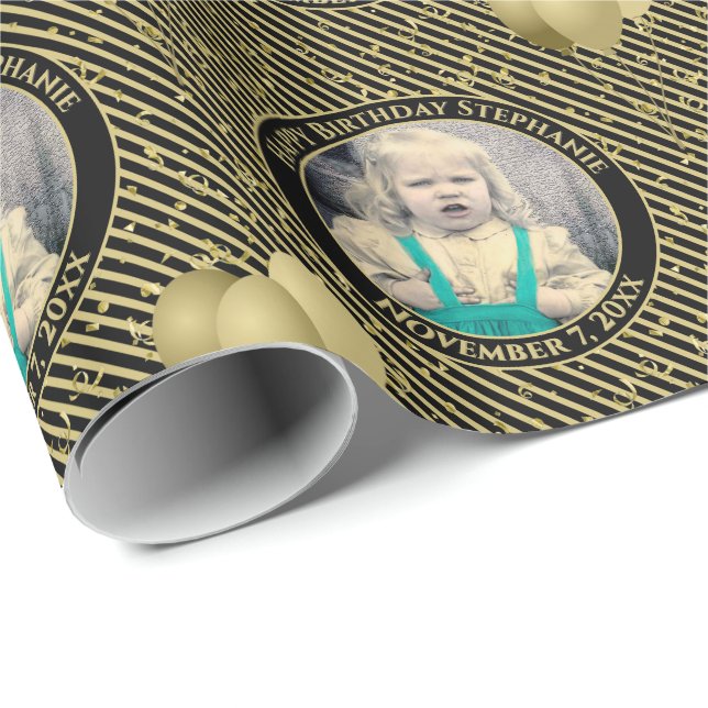 Your Text.Photo Black/Gold Simple Stripes Pattern Wrapping Paper (Roll Corner)