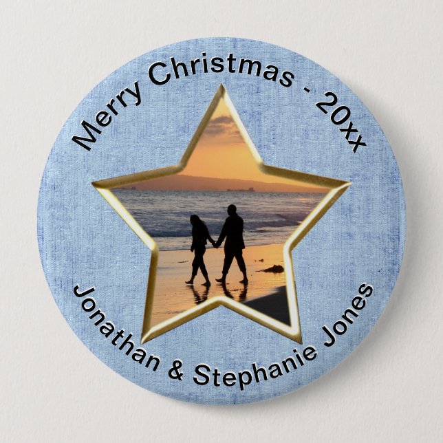  Your Text & Photo: Blue Star-Shape Picture Frame Button (Front)