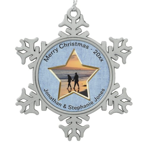 Your Text &amp; Photo: Blue Star-Shape Picture Frame Snowflake Pewter Christmas Ornament