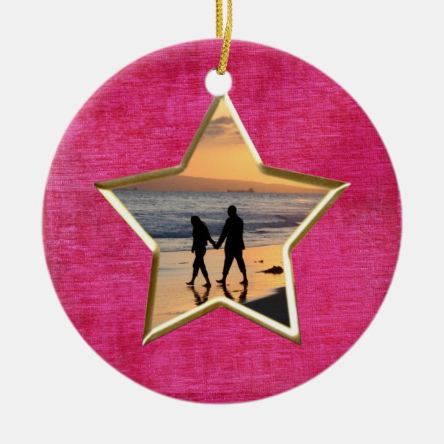 Your Text Photo: Fuchsia Star-Shape Picture Frame Ceramic Ornament (Front)