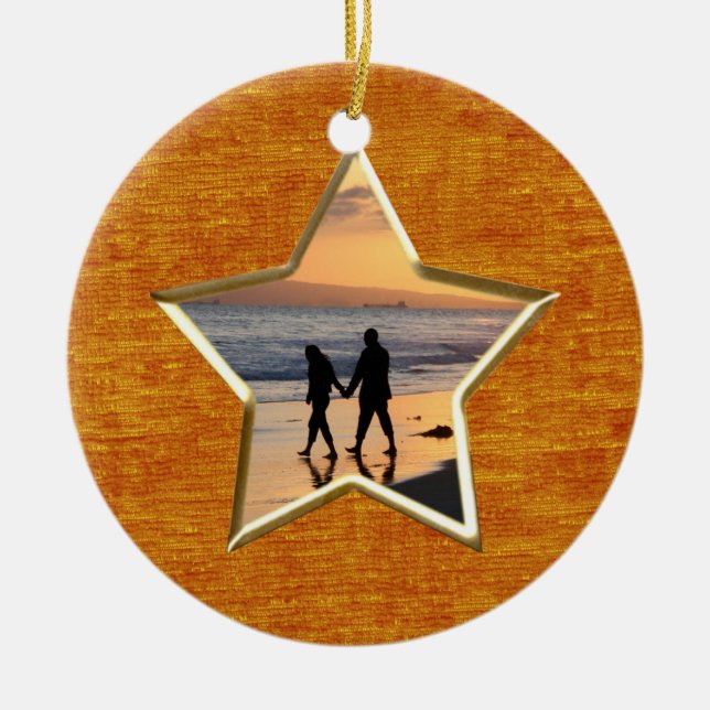 Your Text & Photo: Orange Star-Shape Picture Frame Ceramic Ornament (Front)