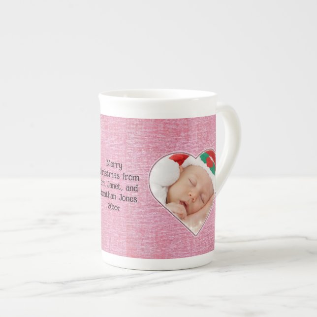 Your Text & Photo: Pink Heart-Shaped Frame Bone China Mug (Front Right)