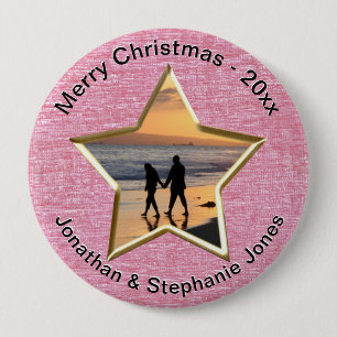 Your Text & Photo: Pink Star-Shape Picture Frame Button