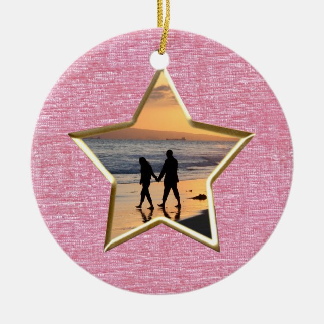  Your Text & Photo: Pink Star-Shape Picture Frame Ceramic Ornament (Front)