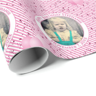 Your Text.Photo Pink/White Simple Stripes Pattern Wrapping Paper