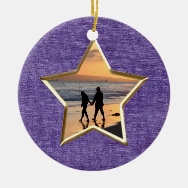  Your Text Photo: Purple Star-Shape Picture Frame Ceramic Ornament (Front)
