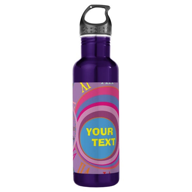 Your Text Pink Purple Blue Clock Roman Numerals Stainless Steel Water Bottle (Front)