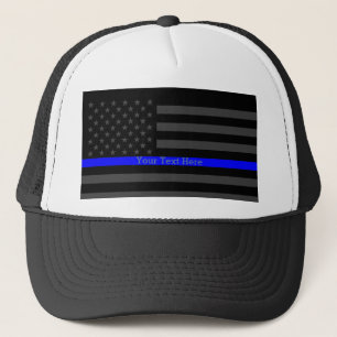 Your Text Thin Blue Line Black US Flag Art Trucker Hat