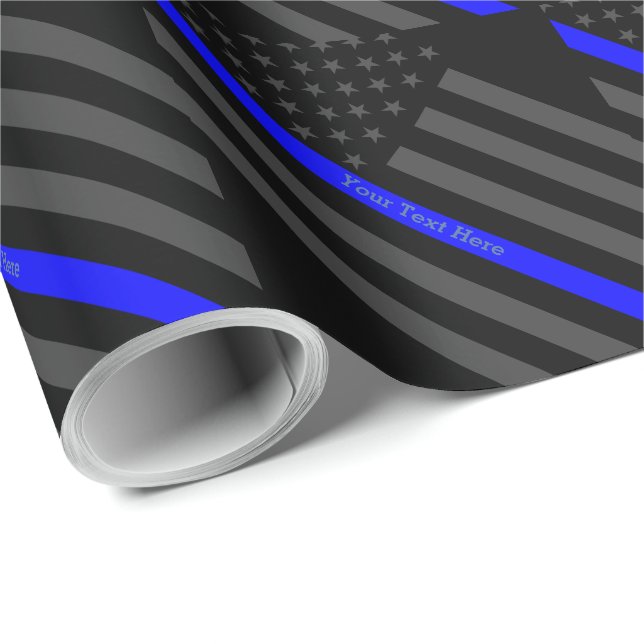 Your Text Thin Blue Line Black US Flag Graphic Wrapping Paper (Roll Corner)
