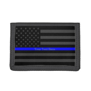 Your Text Thin Blue Line Bold Black US Flag Tri-fold Wallet