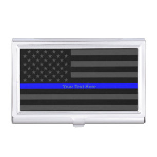 Your Text Thin Blue Line Classy Black US Flag Case For Business Cards