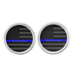 Your Text Thin Blue Line Custom Grey US Flag Decor Cufflinks