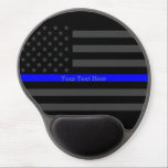 Your Text Thin Blue Line Elegant Black US Flag Gel Mouse Pad<br><div class="desc">A Thin Blue Line symbolic Grey US flag design graphic gel mouse pad. A great gift idea for gatherings, memorial celebrations and remembrance occasions. Personalize it with your text. Here's a fine line up of custom blue line design styles available on embroidered casual baseball caps for everyone. Use the "Ask...</div>