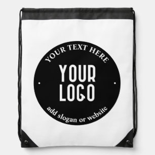 Your Text & Uploaded Logo Editable Black & White Drawstring Bag