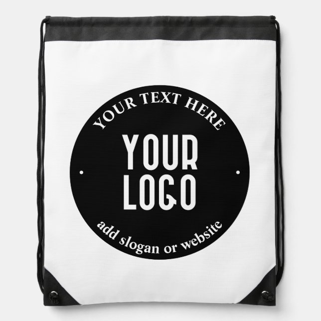 Your Text & Uploaded Logo | Editable Black & White Drawstring Bag (Front)