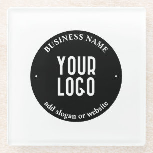 Your Text & Uploaded Logo Editable Black & White Glass Coaster