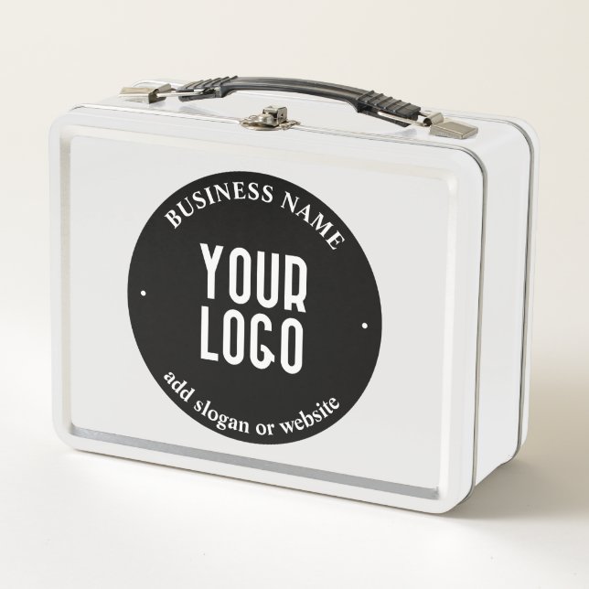 Your Text & Uploaded Logo | Editable Black & White Metal Lunch Box (Front)