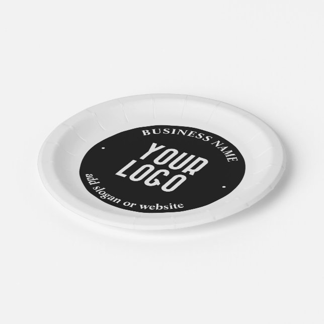 Your Text & Uploaded Logo | Editable Black & White Paper Plates (Angled)