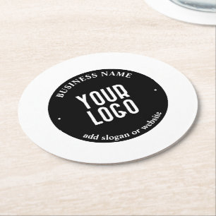 Your Text & Uploaded Logo Editable Black & White Round Paper Coaster
