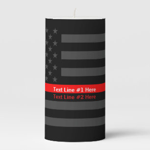 Your Text US Flag Thin Red Line Memorial on a Pillar Candle