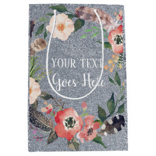 Your text Vintage Floral Wreath Silver Glitter Medium Gift Bag