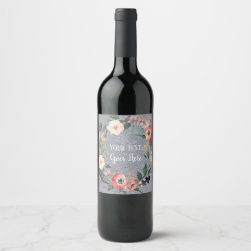 Your text Vintage Floral Wreath Silver Glitter Wine Label