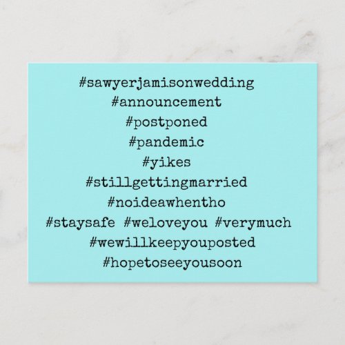Your Top 12 Hashtags Aqua Postponed Wedding Postcard
