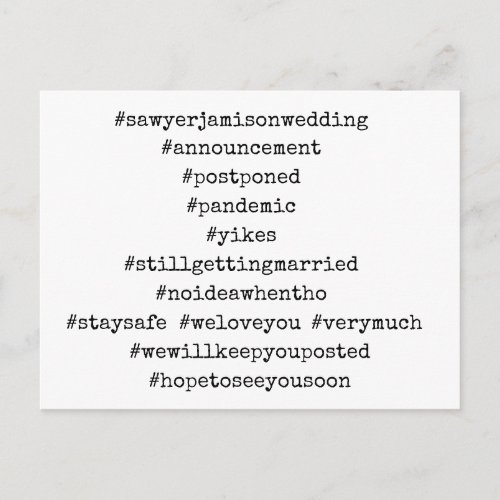 Your Top 12 Hashtags Black White Postponed Wedding Postcard