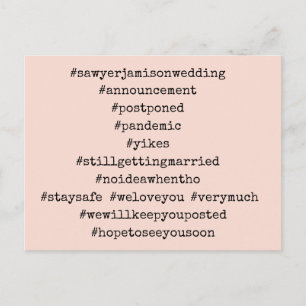 Your Top 12 Hashtags Blush Pink Postponed Wedding Postcard