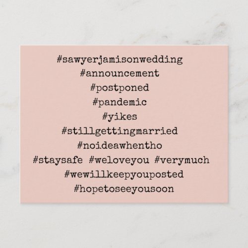 Your Top 12 Hashtags Blush Postponed Wedding Postcard