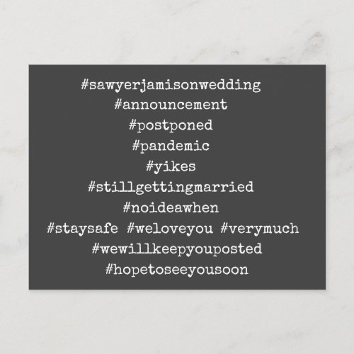 Your Top 12 Hashtags Postponed Wedding Dark Gray Postcard