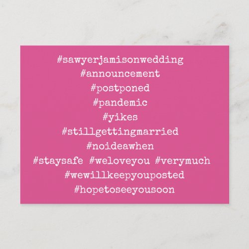 Your Top 12 Hashtags Postponed Wedding Deep Pink Postcard