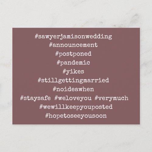 Your Top 12 Hashtags Postponed Wedding Dusty Rose Postcard