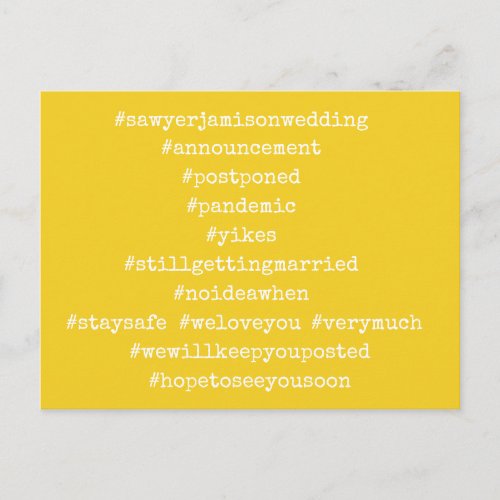 Your Top 12 Hashtags Postponed Wedding Mustard Postcard