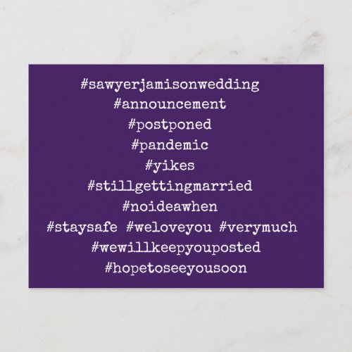 Your Top 12 Hashtags Postponed Wedding Purple Postcard