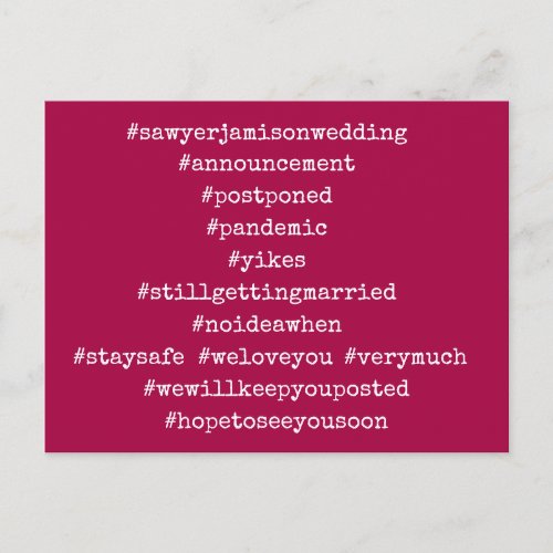 Your Top 12 Hashtags Postponed Wedding Raspberry Postcard