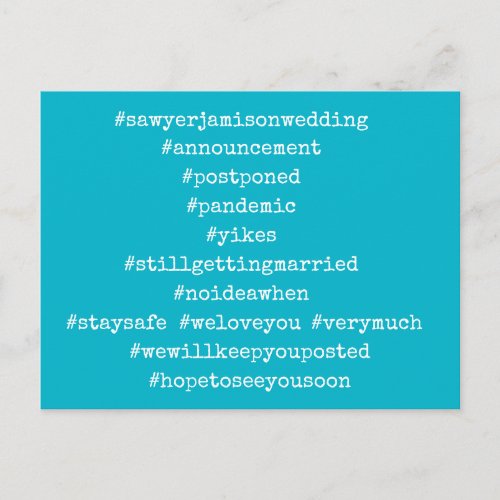 Your Top 12 Hashtags Postponed Wedding Scuba Blue Postcard