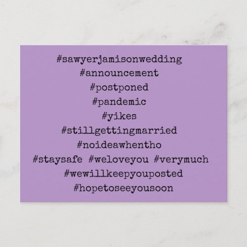 Your Top 12 Hashtags Purple Postponed Wedding Postcard