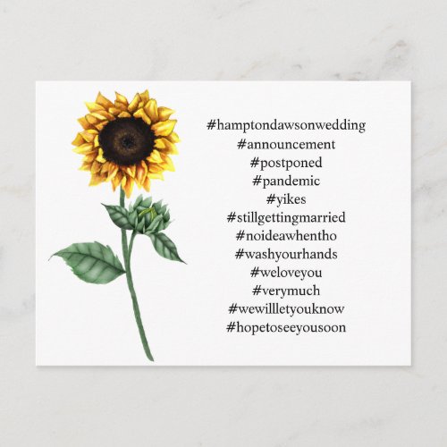 Your Top 12 Hashtags Sunflower Postponed Wedding Postcard