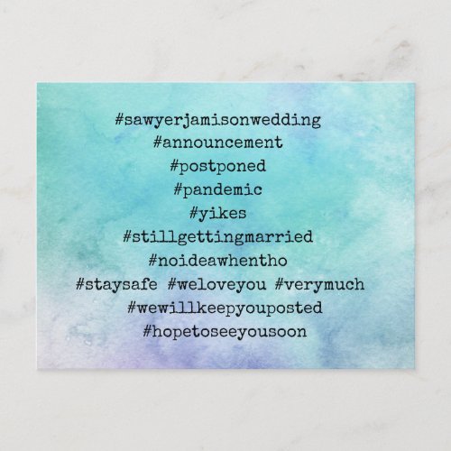 Your Top 12 Hashtags Watercolor Postponed Wedding Postcard