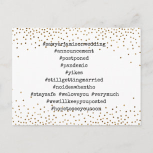 Your Top Hashtags Gold Confetti Postponed Wedding Postcard