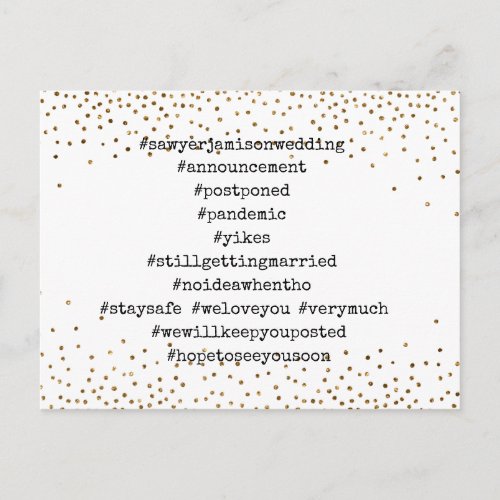 Your Top Hashtags Gold Confetti Postponed Wedding Postcard