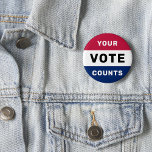 Your Vote Counts Patriotic American Election USA Button<br><div class="desc">Red, white, and blue, stars and stripes, U.S. Presidential Elections, Democratic Republican Conservative Libertarian Pro American non-partisan politics round "Your Vote Counts" button covered with scratch and UV-resistant Mylar. Makes a great political gift for patriotic American, citizens of America, loved ones, friends and family, for elections, election rallies, canvassing, and...</div>