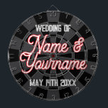 Your Wedding Names and Date on Black Charcoal Gray Dart Board<br><div class="desc">Your Wedding Names and Date in White Text (names are outlined in red color) on Black and Charcoal Gray Dartboard. Makes a beautiful display at your wedding reception for some romantic fun and partying!</div>