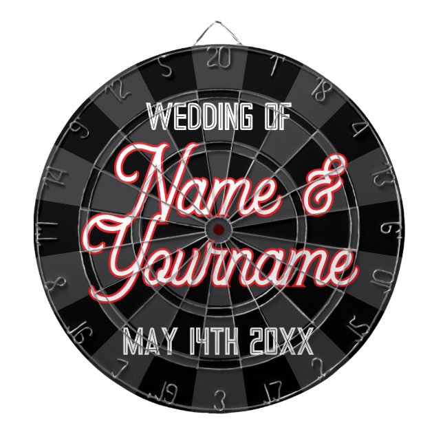 Your Wedding Names and Date on Black Charcoal Gray Dart Board (Front)