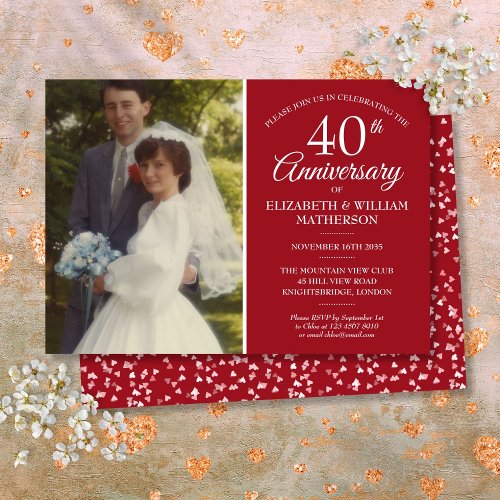Your Wedding Photo 40th Anniversary Ruby Hearts Invitation