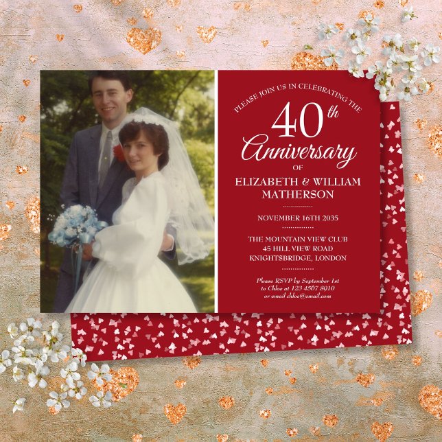 Your Wedding Photo 40th Anniversary Ruby Hearts Invitation (Your Wedding Photo 40th Anniversary Ruby Hearts Invitation)