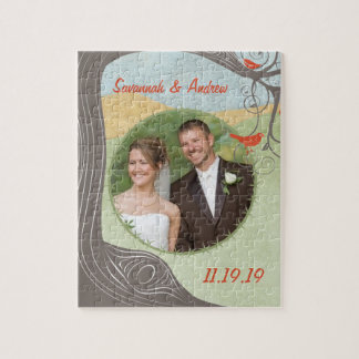 Your Wedding Photo Cute Wood Grain Tree Birds Jigsaw Puzzle