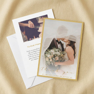 Your wedding photo, gold script and border thank thank you card