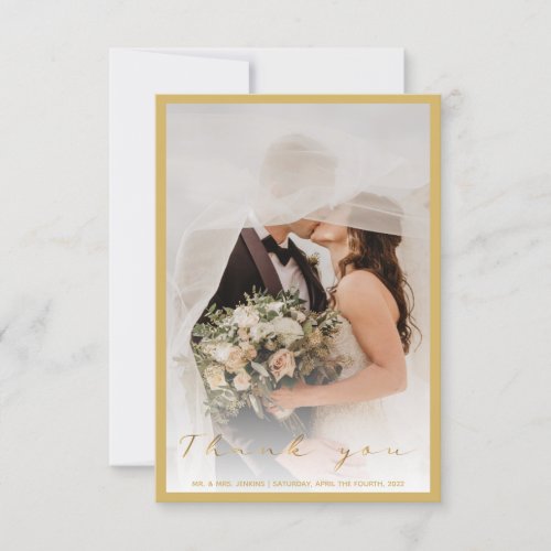 Your wedding photo gold script and border  thank  thank you card